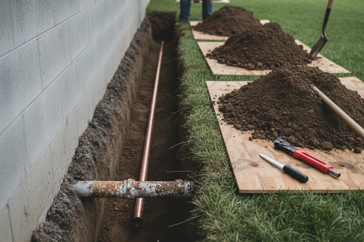 Excavated water line trench during Water Heater Repair in Mundelein